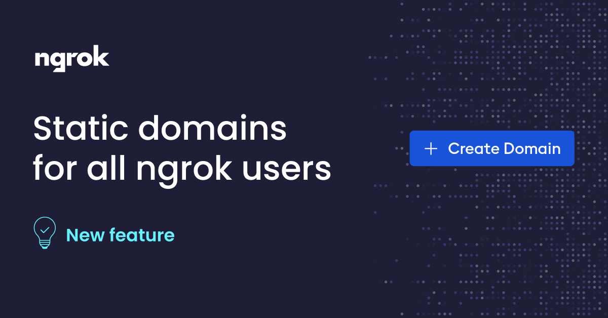ngrokHQ's tweet photo. As more #developers leverage @ngrokhq for production workloads, we want to make their lives easier. Today we are announcing that all users on our platform can use a static domain for FREE.

👉 Learn more: https://t.co/ifc5xUEEpI https://t.co/evZxU7b6fc