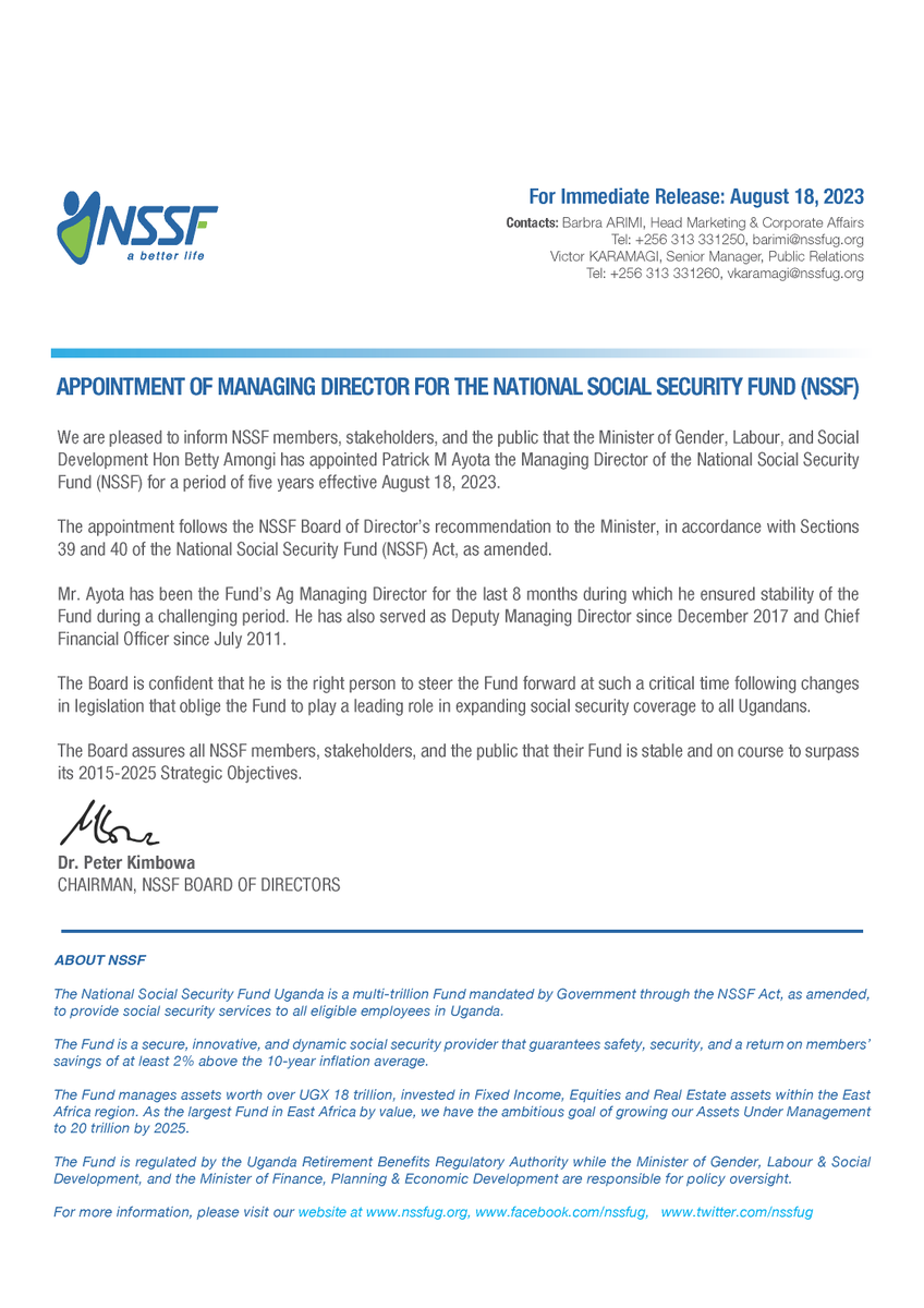 .<a href="/AyotaPatrick/">Patrick Ayota</a> Appointed Managing Director for the National Social Security Fund.