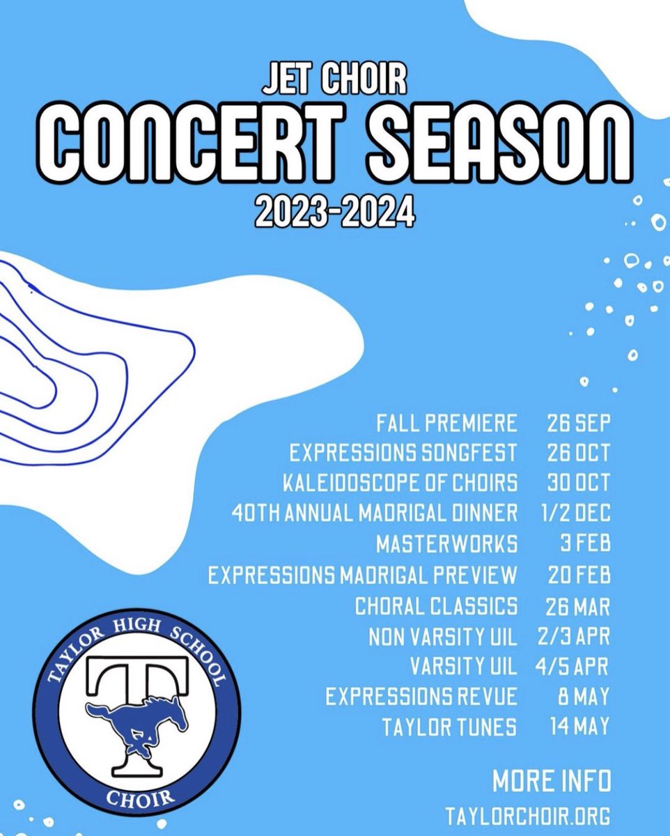 Happy Friday, people! We present to you the 2023-2024 JET Choir concert schedule. Come join us!
<a href="/THS_Mustangs/">James E. Taylor High School</a> 
<a href="/katyisd/">Katy ISD</a> 
<a href="/KatyISDFineArts/">Katy ISD Fine Arts</a>