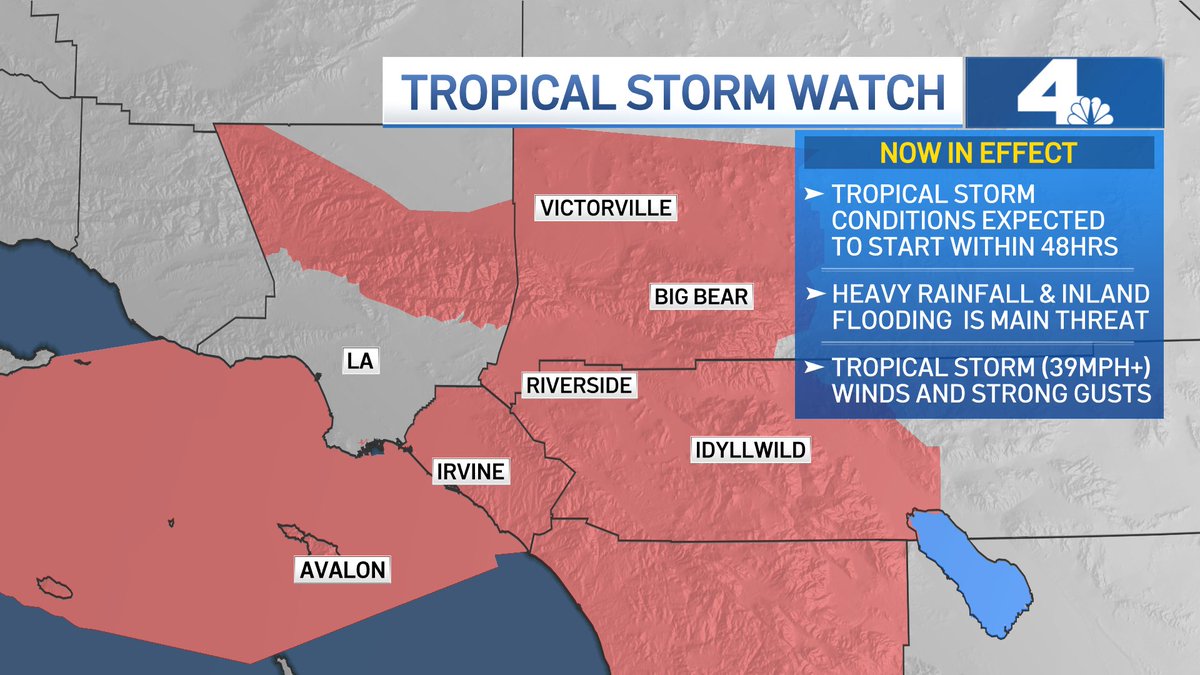 David Biggar (@davidnbcla) on Twitter photo Tropical Storm WATCH has been issued for OC, Inland Empire, Catalina, and Mountains of LA, San Bernardino, Riverside, and Orange Counties.
A WATCH means trop storm conditions are expected within 48hrs. Heavy rainfall/flooding is the main concern, along with gusty winds. <a href="/NBCLA/">NBC Los Angeles</a> Tropical Storm WATCH has been issued for OC, Inland Empire, Catalina, and Mountains of LA, San Bernardino, Riverside, and Orange Counties.
A WATCH means trop storm conditions are expected within 48hrs. Heavy rainfall/flooding is the main concern, along with gusty winds. <a href="/NBCLA/">NBC Los Angeles</a>