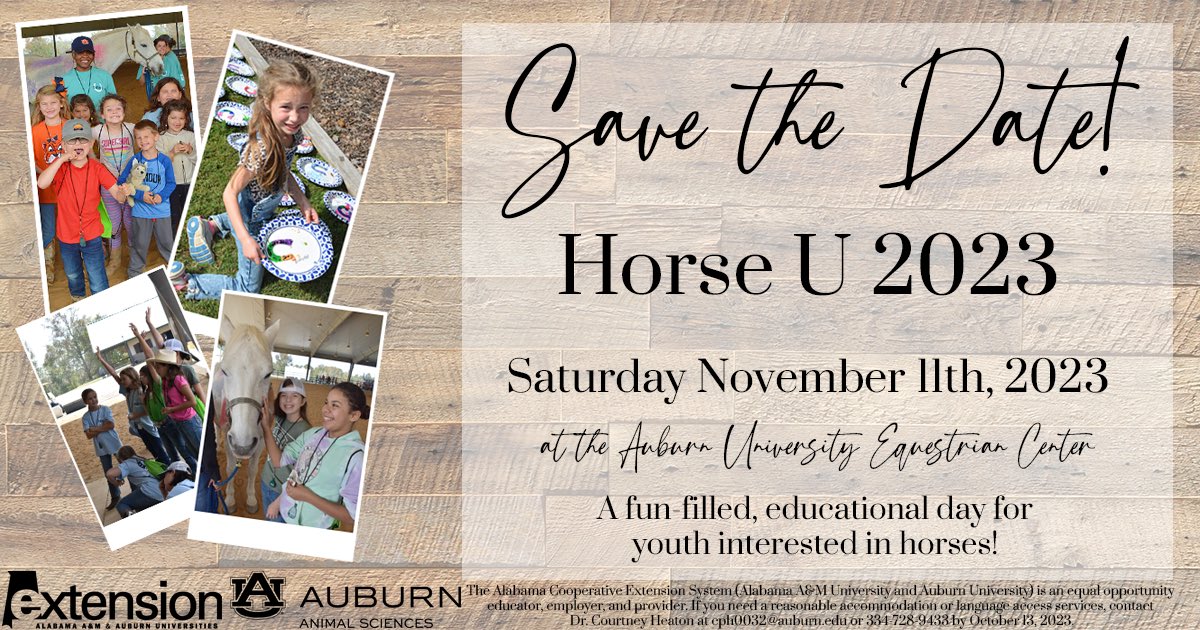 Get a KICK out of this fun opportunity! 🐴

Save the Date of November 11th for the 2023 Horse U program at the Auburn University Equestrian Center. For ages 5-18. Come learn more about equine and the College of Agriculture at Auburn!