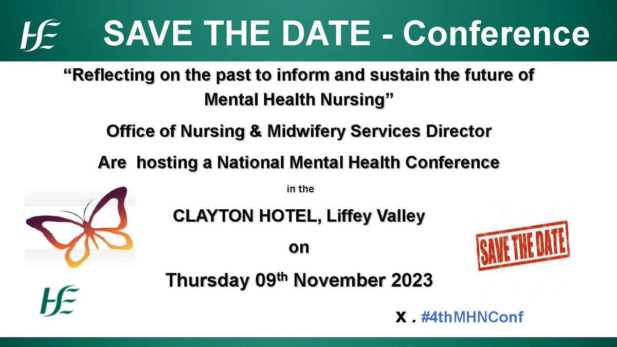 📣Don't miss out - check this out 👇
The  theme for the 4th Mental Health Nursing Conference will be

 “Reflecting on the past to inform and sustain the future of Mental Health Nursing” 

📅 Thursday 9th November 2023, Clayton Hotel, Liffey Valley
#4thMHNconf
Please retweet 🙏