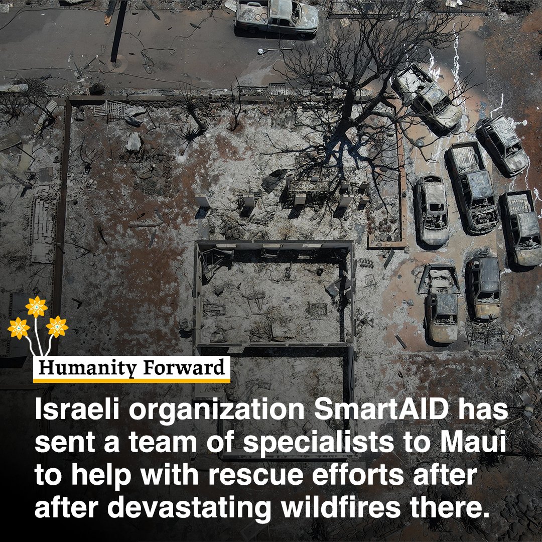 Israeli org @smartaidint sent a team to Maui to help with rescue efforts after devastating wildfires killed more than 100. The team is aiding in search and rescue efforts, establishing a coordination center, installing @tesla microgrids at evacuation shelters, and more.