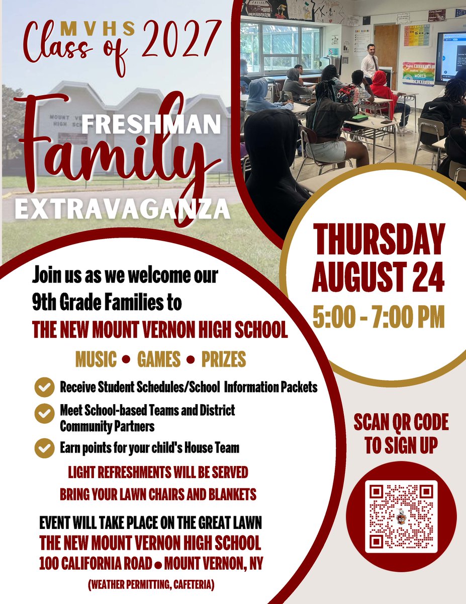 MVCitySchools's tweet photo. Mount Vernon High School is hosting a Freshman Family Extravaganza on Thursday, August 24, 2023, from 5pm to 7pm. All families of incoming MVHS ninth graders are welcome! https://t.co/99UIbG70la