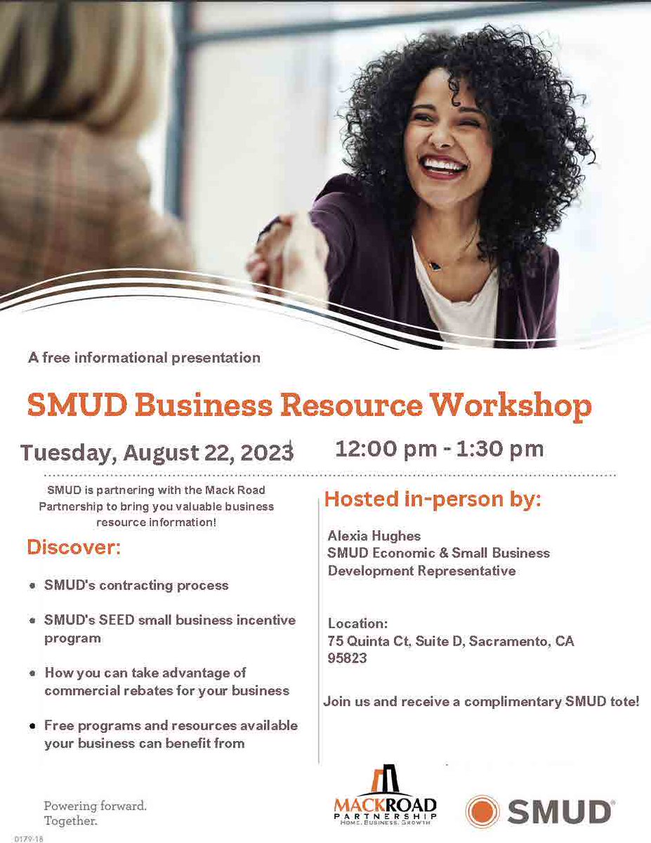 ReimagineMackRd's tweet photo. FREE SMUD Business Resource Workshop happening on Tuesday, August 22nd from 12pm-1:30pm at the Mack Road Partnership!

Don't miss out on all the resources and help you can get for your business. https://t.co/qxwGBXtoYc