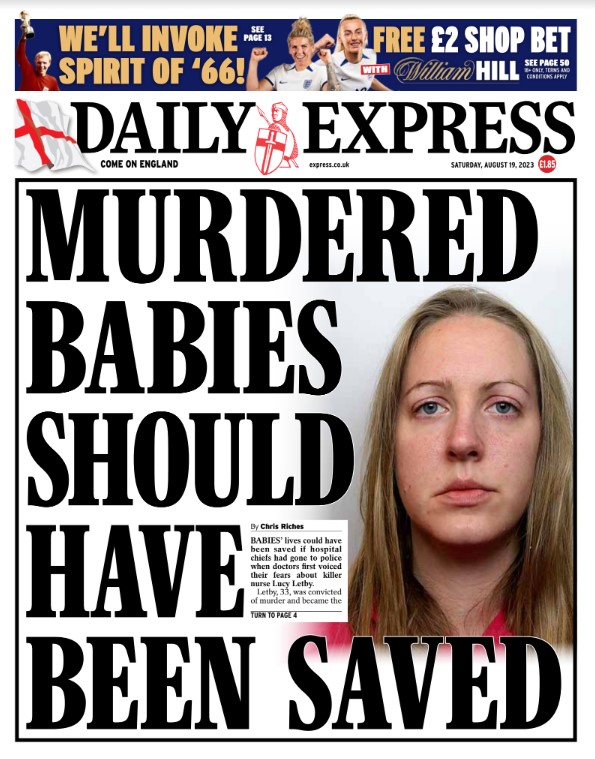 Saturday's Daily Express front cover - Murdered babies should have been saved