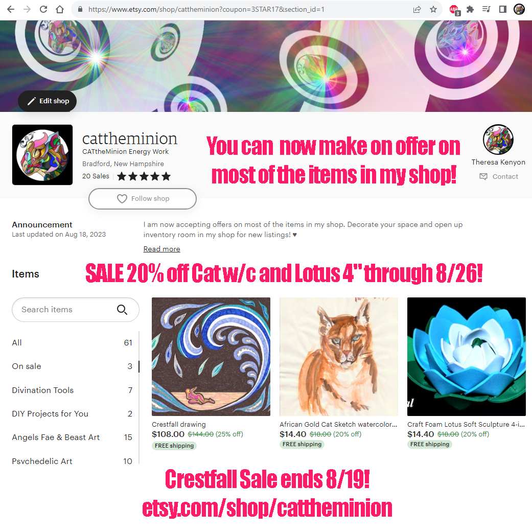 SALE! 20% off ETSY through 8/26 Cat w/c or 4-inch Lotus singles. 
Crestfall 25% off sale ends 8/19!
You can now make an offer on most of the items in my shop! 
 etsy.com/shop/catthemin…
#sale #20percentoff #etsy #lgbtartists #ActuallyAutisitc #lotus #africangoldcat #waves #artsale