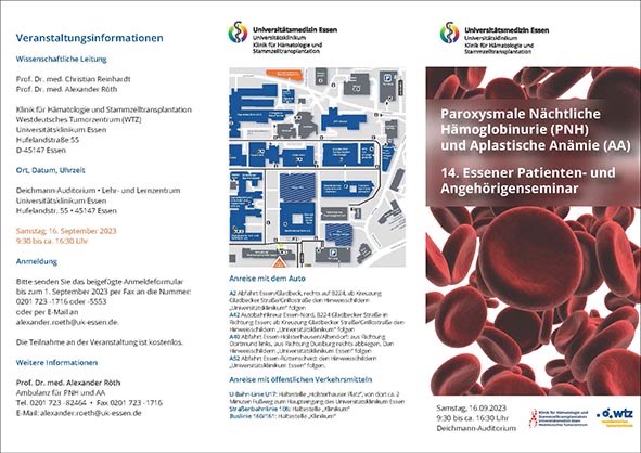 roethal's tweet photo. Am 16.09.2023 findet das nun 14. Patienten- und Angehörigenseminar zu #PNH und #AA in Essen statt. Wir freuen uns wieder auf einen spannenden Tag mit Ihnen! @lichterzellen @AAundPNHeV @HamatologieUk @UniklinikEssen @MedEssen https://t.co/hM9csZJlkx