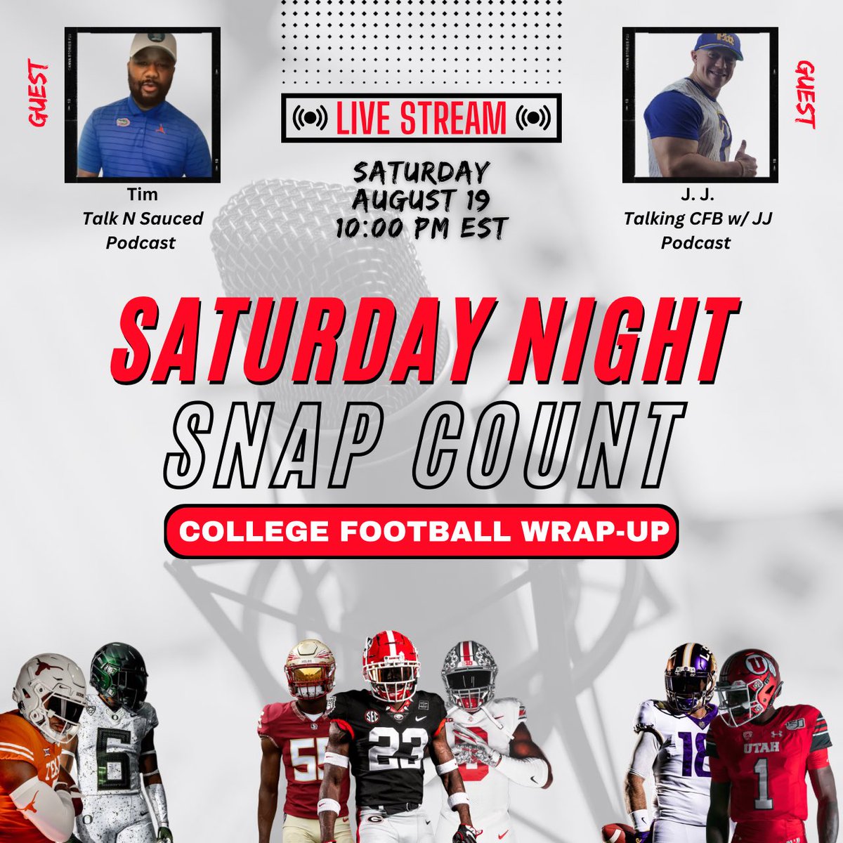 FanAtticSports's tweet photo. Join us Saturday (Aug 19) 10:00pm EST for our weekly live stream because next week COLLEGE FOOTBALL IS BACK❗❗❗

Panel discussion with
@jeffthestatguy1 The Fan Attic
@JJ_Kitchen40 Talking CFB w/ J.J.
@talkNsauced_Tim Talk n Sauced Podcast 

🔽🔽🔽
https://t.co/BTFh7XVqdB https://t.co/sYbsJIk6Mx