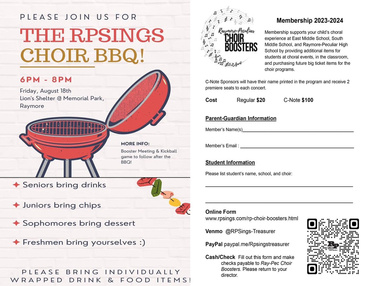 RPSings's tweet photo. Parents/Guardians: tonight is our Kick-Off RPSings Booster meeting for 23-24.  Join us at 8pm for a short meeting about the upcoming year.  Don't forget to sign up to be a member of RPSings Choir Boosters! https://t.co/u8gVU4Nm0S
