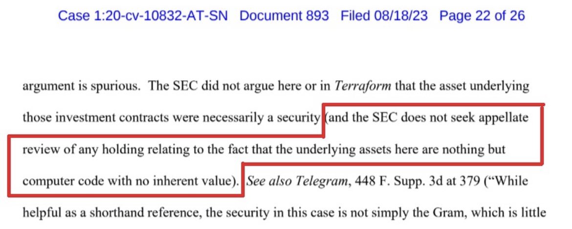 EleanorTerrett's tweet photo. Interesting that even the @SECGov is accepting that digital assets themselves are not inherently securities. 

However, not entirely surprising as both Judge Rakoff and Judge Torres came to this conclusion in their respective cases. https://t.co/OhwyzeaJWN