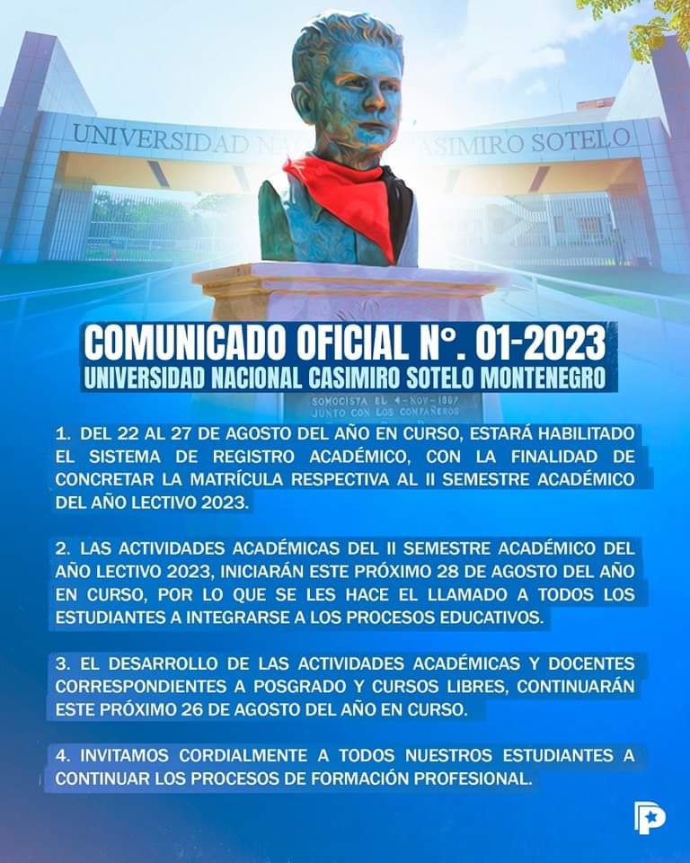 #Comunicado ‼️ 01-2023

¡UNIVERSIDAD CASIMIRO SOTELO!

#Nicaragua 
#VictoriasDelPueblo 
#UniversidadDelPueblo 
#TropaSandinista