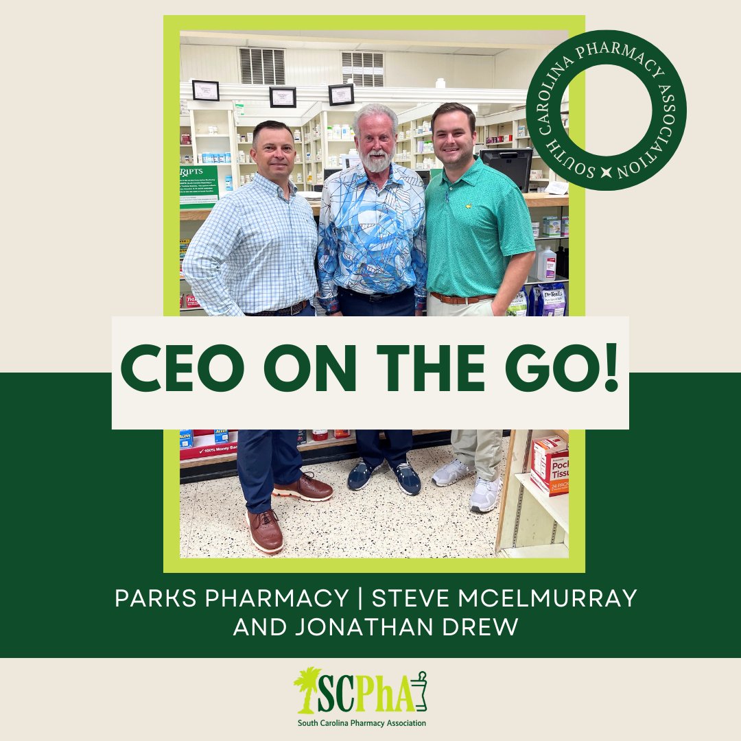 yourSCPhA's tweet image. Check out our #CEOontheGO! Brian Clark had the opportunity to visit with Steve McElmurray and Jonathan Drew from Parks Pharmacy! Thank you for having us! #ForAllofPharmacy #ForAllofSouthCarolina
.
.
.
#IndependentPharmacy #SCPhA #Pharmacist #OneVoice #RepresentingALLPharmacy