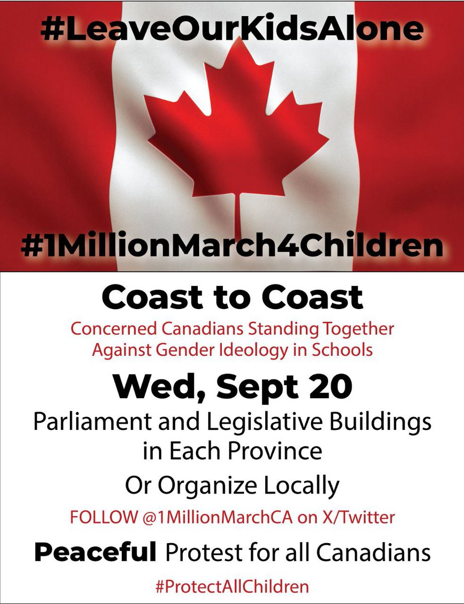 AntonioTweets2's tweet photo. Will you be joining a million Canadians standing together against Gender Ideology in Schools on Wed, Sept 20th?

**ORGANIZE LOCALLY, PARTICIPATE NATIONALLY**

#1MillionMarch4Children
#LeaveOurKidsAlone
#ProtectAllChildren https://t.co/plKXURDRsr