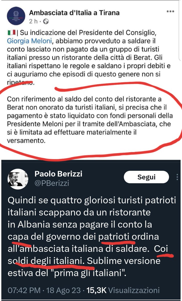 Simona45104788's tweet photo. Tweet in alto: l'Ambasciata Italiana spiega come il Presidente @GiorgiaMeloni abbia provveduto a pagare il conto di tasca sua. Tweet in basso: un giornalista di @repubblica dice che "la capa 😳 ordina di saldare il conto coi soldi degli Italiani".Naturalmente  credo a #Berizzi 🤣 https://t.co/ENSsCxo7Mt