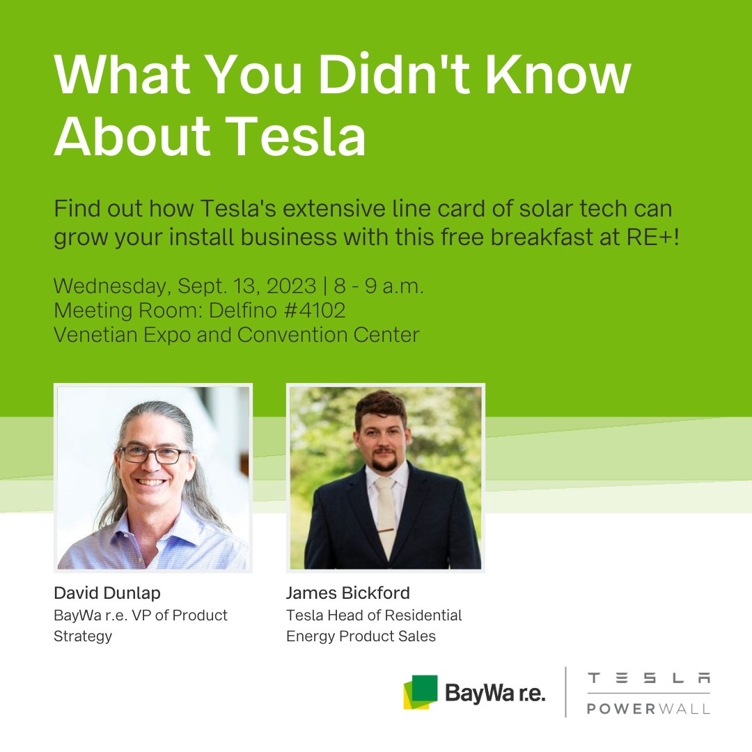 It’s no secret — #SolarPros like you are eager to see how @teslaenergy and #energystorage fits into their business. Discover what you've always wanted to know at breakfast with Tesla - featuring great food, great conversation and exclusive giveaways: ow.ly/LVBI50PAYPT