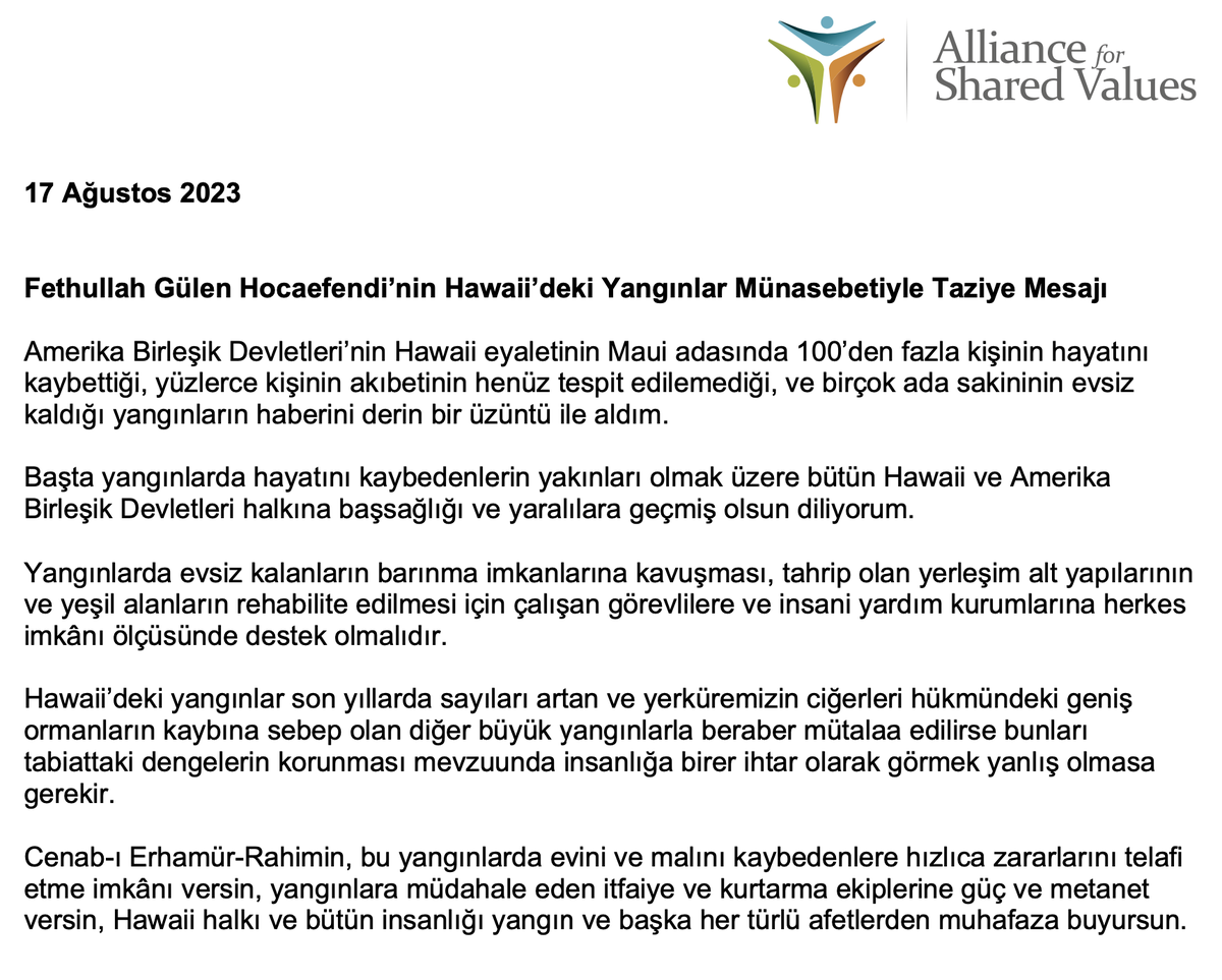 Fethullah Gülen Hocaefendi’nin Hawaii’deki Yangınlar Münasebetiyle Taziye Mesajı: afsv.org/fethullah-gule…