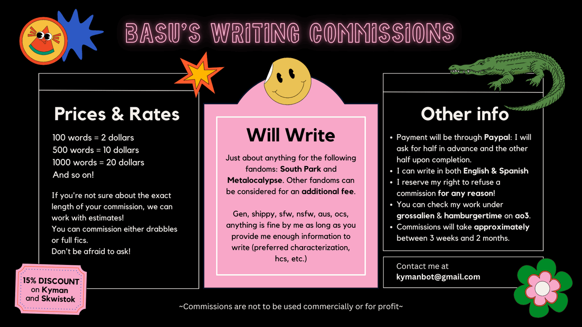 shokikita's tweet photo. Hi! I'm finally opening writing commissions 🥳 pay me to write stories for you 📝
🙏 Retweets and shares are super appreciated 🙏 https://t.co/kO0uSzROcU
