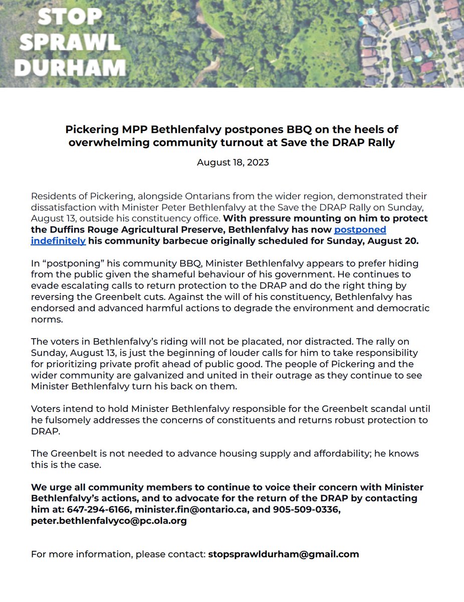 NoSprawlDurham's tweet photo. We've issued a statement regarding the "postponement" of @PBethlenfalvy's community event in Pickering this weekend.

Keep up the calls. Contact information is contained within the document below.

https://t.co/4tSP5RedLb

#GreenbeltGate #GreenbeltScandal #SaveTheDRAP #SaveRNUP https://t.co/ZmMUgc3vK4
