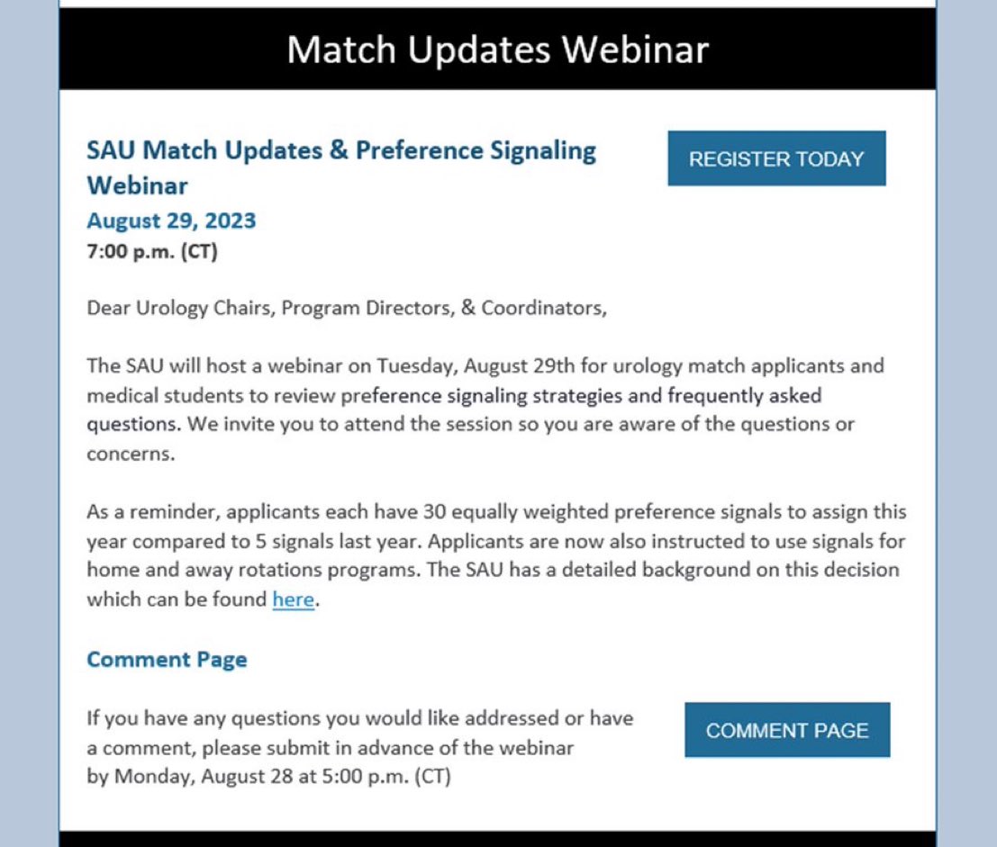 MARK YOUR CALENDARS! Join the SAU UROLOGY MATCH UPDATE WEBINAR Topics include: Urology Match synchronized interview offers, flush date, & important modifications of preference signaling! REGISTER: us06web.zoom.us/webinar/regist…