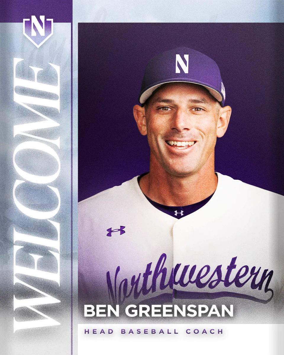 A graphic announcing Ben Greenspan as Northwestern Head Baseball Coach.