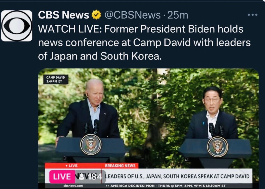 atensnut's tweet image. CBS just referred to Joe as “Former President Biden”.

Do they know something we don’t?😂😂😂