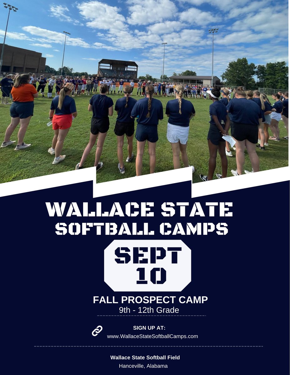 A little over 3 weeks away! Come join us at our ONLY Prospect Camp of the Fall!

Can’t wait to see YOU in Hancevegas! 🦁🫵🏼

🔗: WallaceStateSoftballCamps.com
