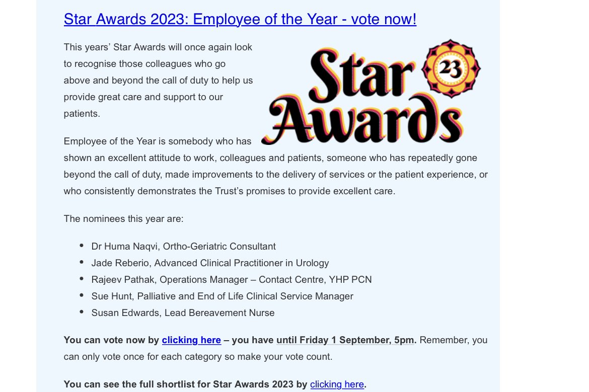 👏🏽 to <a href="/doc_hnaqvi/">Huma Naqvi (on blue sky too)</a> for a highly deserved shortlisting for Employee of the Year <a href="/SWBHnhs/">SWB NHS Trust</a> 
<a href="/swbohw/">Sandwell and West Birmingham Health & Wellbeing</a> is proud of Huma’s work as Senior Medic Wellbeing Lead &amp; her support for all things wellbeing.Her work in diverse roles be that clinical, leadership &amp; people engagement is exemplary!⭐️