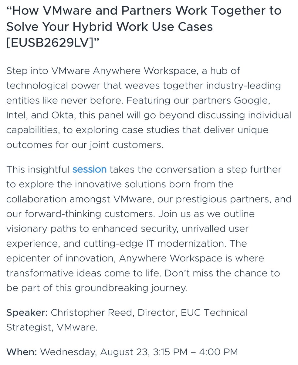 VirtualMarkR's tweet photo. If you are going to @VMwareExplore please attend the #EUCB2629 session to hear @Creedom2020 talk about @WorkspaceONE @GoogleWorkspace integration. #VMWareEUC #WS1 https://t.co/hKKVYF0HzS