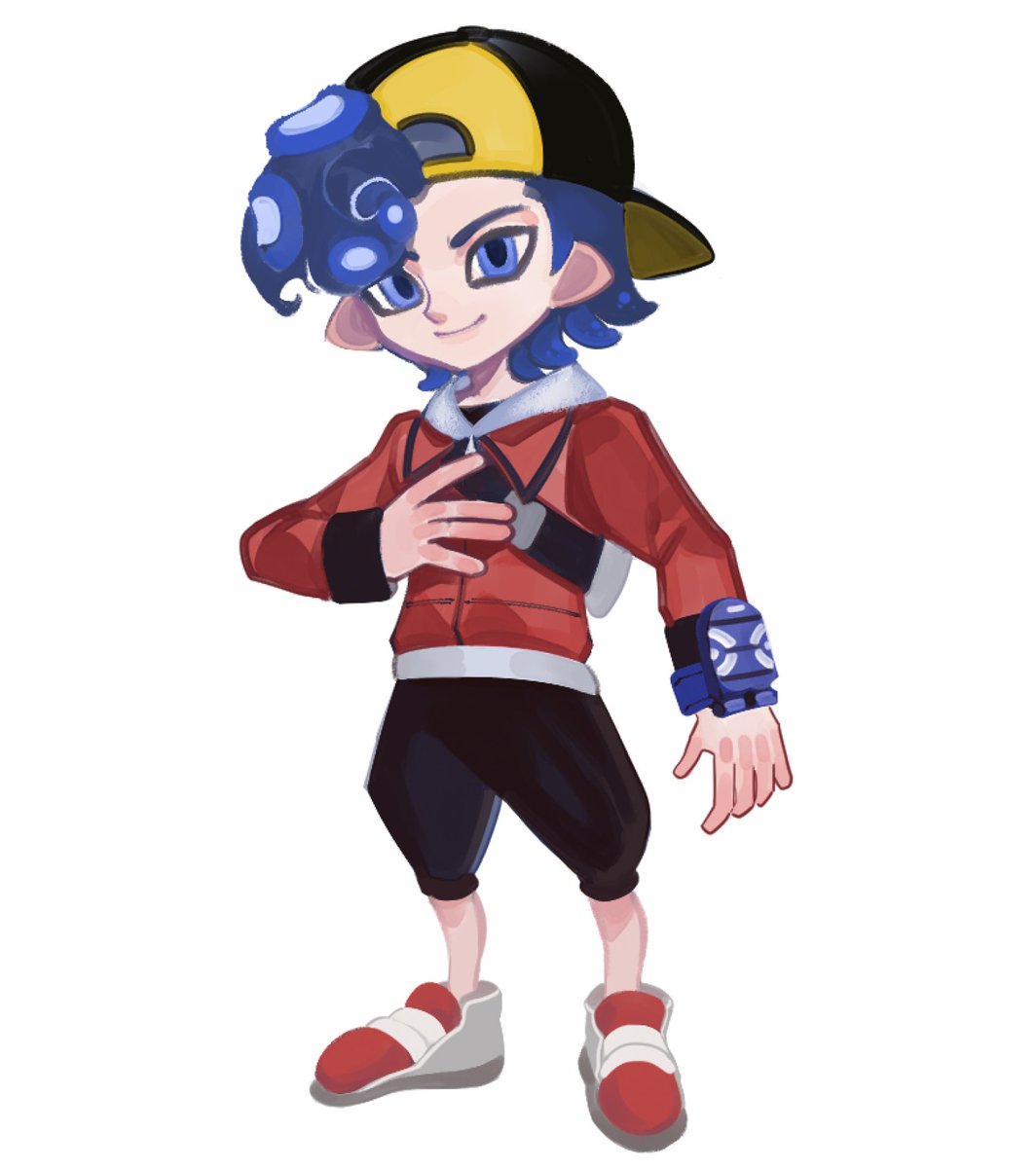 ethan (pokemon) ,octoling 1boy male focus backwards hat hat tentacle hair jacket solo  illustration images