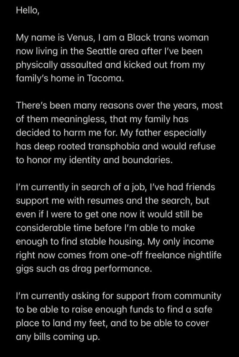 mewncakes's tweet photo. Hey y’all, 
Venus is a trans woman and a beloved member of our ballroom + drag scene. She was physically assaulted and kicked out by her family. 

She’s in process of getting a job but if you have anything to share while she finds stable housing, please consider supporting her. https://t.co/mbs6VAVTX1