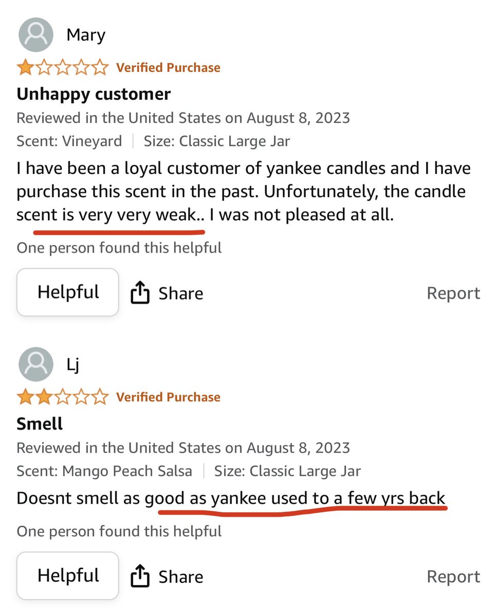 DrEricDing's tweet photo. Crap—it’s back—Amazon reviewers last week again complaining about Yankee candle scent… Sandra complains “No smell”; LJ says it doesn’t smell as it “used to a few years back”; Mary complains she used to buy the same candle scent, but now “scent is very very weak”. #CovidIsNotOver https://t.co/htKCaAsPkO