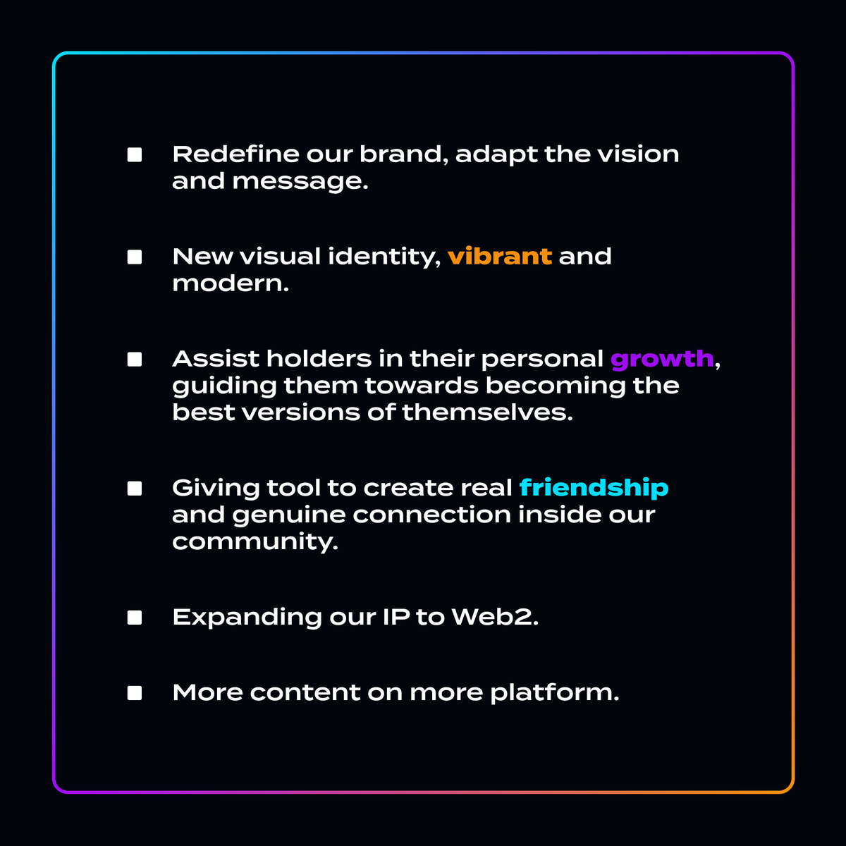 GhostKidDAO's tweet photo. 4/ New Vision   

- Clear brand vision  
- Revamped public image
- Supporting holders on a personal level  
- Tools to foster genuine community interactions  
- Broadening our IP reach to Web2  
- Amplifying content creation https://t.co/CQuEspjxZl