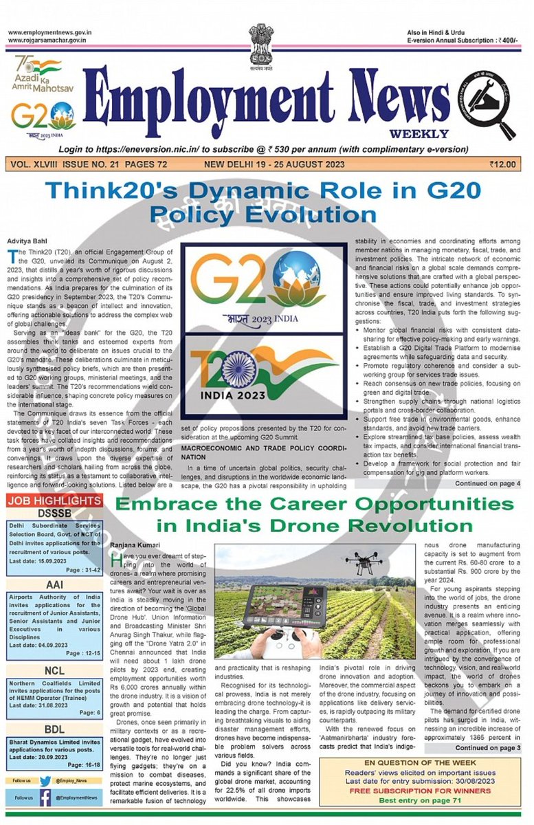 Did you know that Think20 is the G20's ideas bank? 

Dive into latest #EmploymentNews (19-25 Aug) to explore how Think20 plays a crucial role in shaping G20 policy evolution.
#insightful article for your competitive exam preps. 

#IAS2023
#Think20 #G20