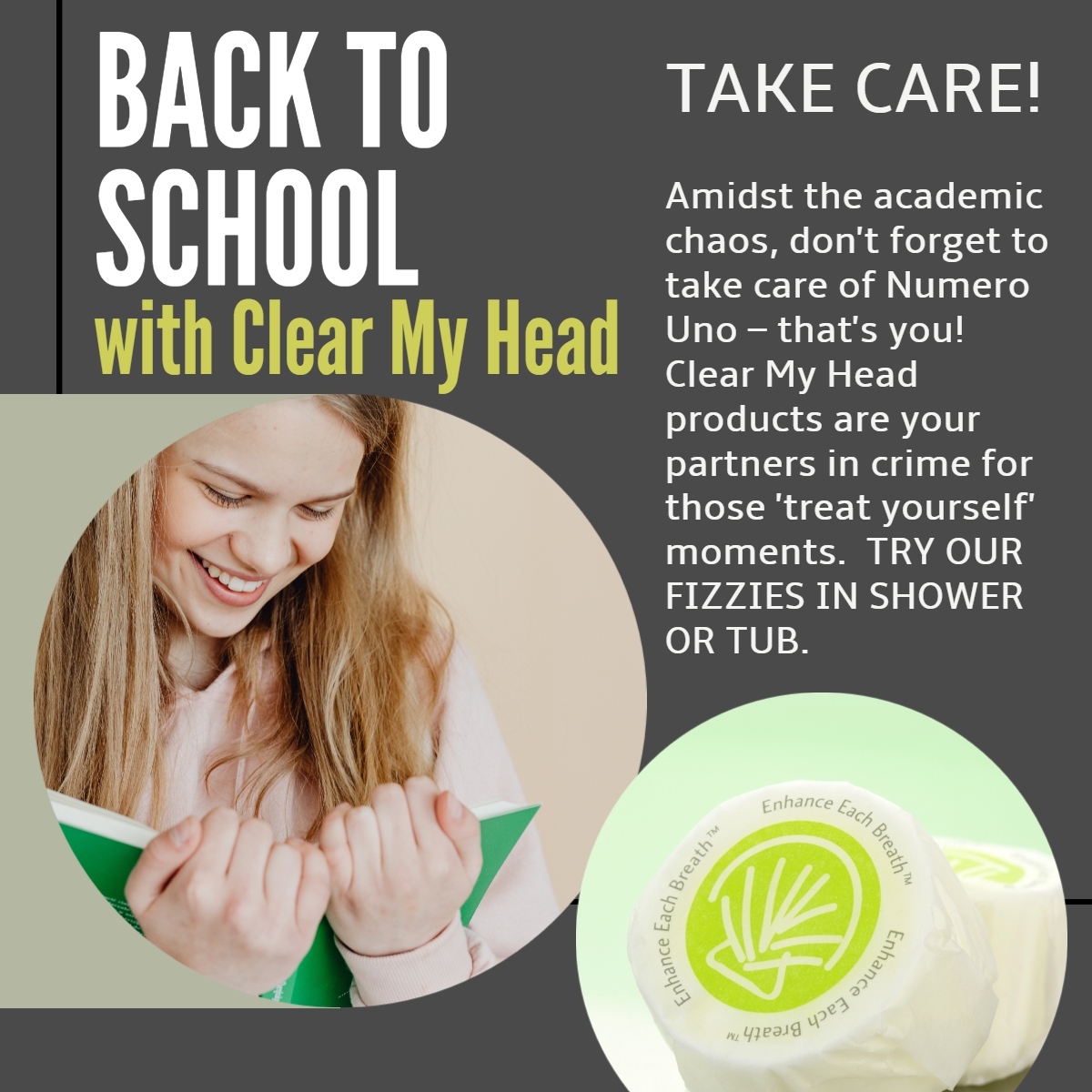 clearmyhead's tweet photo. Amidst the academic chaos, don't forget to take care of Numero Uno – that's you! Clear My Head products are your partners in crime for those 'treat yourself' moments. Our fizzies help you relax, breathe freely &amp; unwind. Use in tub or shower. #backtoschool #justbreath #clearmyhead https://t.co/TRGeBDosFQ