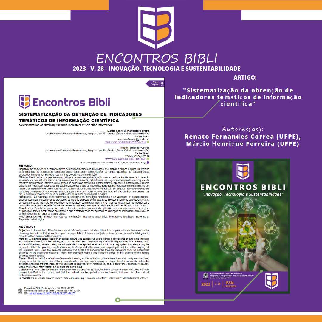 EncontrosBibli's tweet image. 📚Artigo: &quot;Sistematização da obtenção de indicadores temáticos de informação científica.&quot; Link👉doi.org/10.5007/1518-2…, Autores: Renato Fernandes Correa (UFPE), Márcio Henrique Ferreira (UFPE).