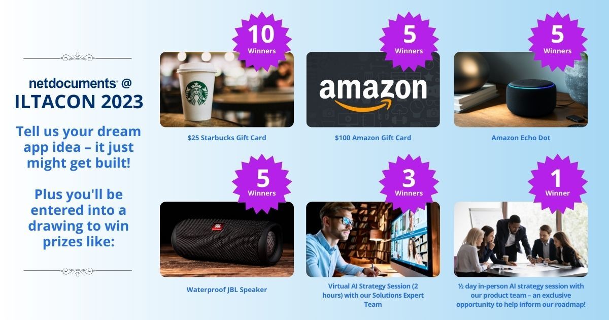 Hey #ILTACON23 — What do you wish #automation &amp; #generativeAI could do for your firm? Tell us your dream app idea &amp; our product team just may bring it to life for you! Plus, get entered to win a cool prize!

Learn more at bit.ly/45cXbBb  #WeAreILTA #legaltech #LegalIT