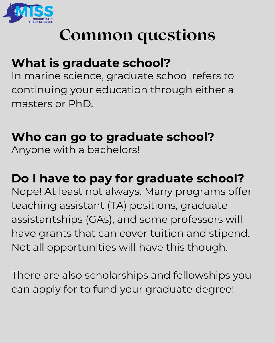 MISS_Elasmo's tweet photo. It's graduate school application season!  It can be really scary to consider graduate school when you don't have any idea where to start. What even is it?! We put together a short guidepost breaking down some commonly asked questions. https://t.co/ha4cXj9J9x