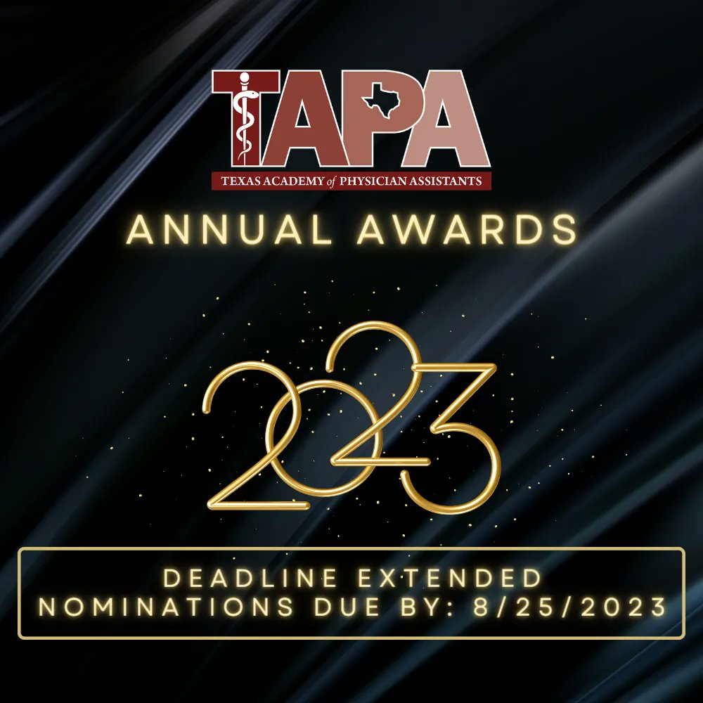 DEADLINE EXTENDED

It's that time of year to submit your nominations to a PA that is outstanding in their field. TAPA is currently accepting nominations for our Annual Awards. Submit a nomination at: buff.ly/3E3wa7q