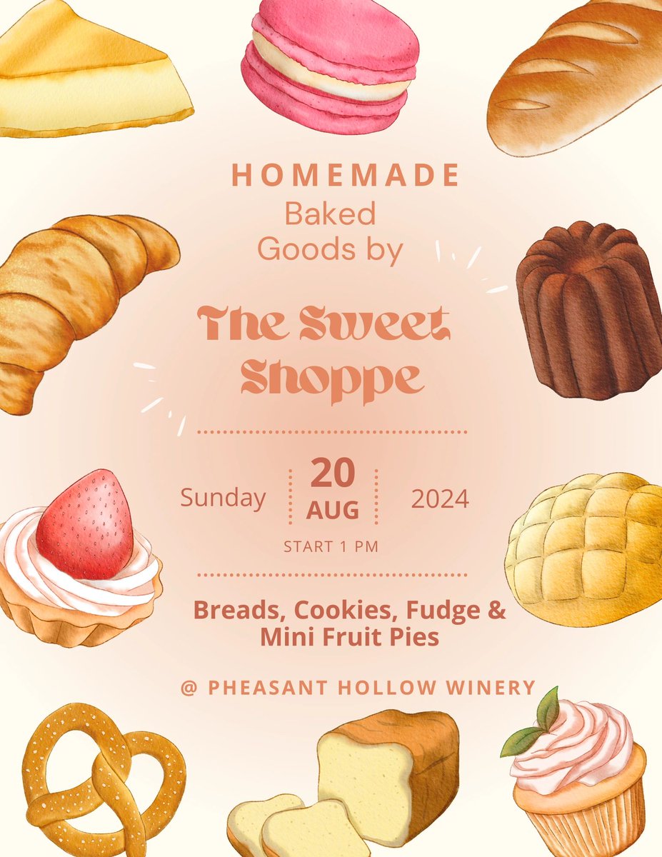 PHWinery's tweet photo. Satisfy your sweet tooth at our venue on Aug 20! Join us from 1-5pm as The Sweet Shoppe sets up shop, offering a delightful array of sugary treats that'll make your taste buds dance with joy. #PheasantHollowWinery #TheSweetShoppe https://t.co/KaGXDJxSK6
