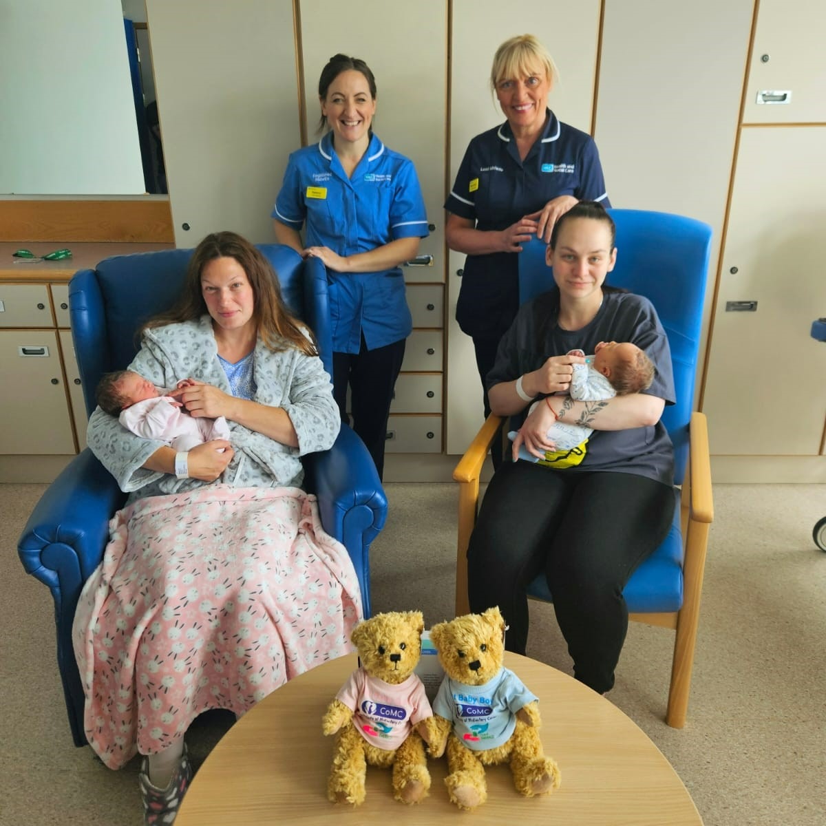 (1/2)Welcome to the world to our first Continuity of Midwifery Carer (CoMC) babies, Jessica (left) and Archie (right), pictured with their parents Jenna and John Herron and Laura Priedula and partner Ryan Crawford. 👶👶 In CoMC, we have a small team of midwives who followed Jenna