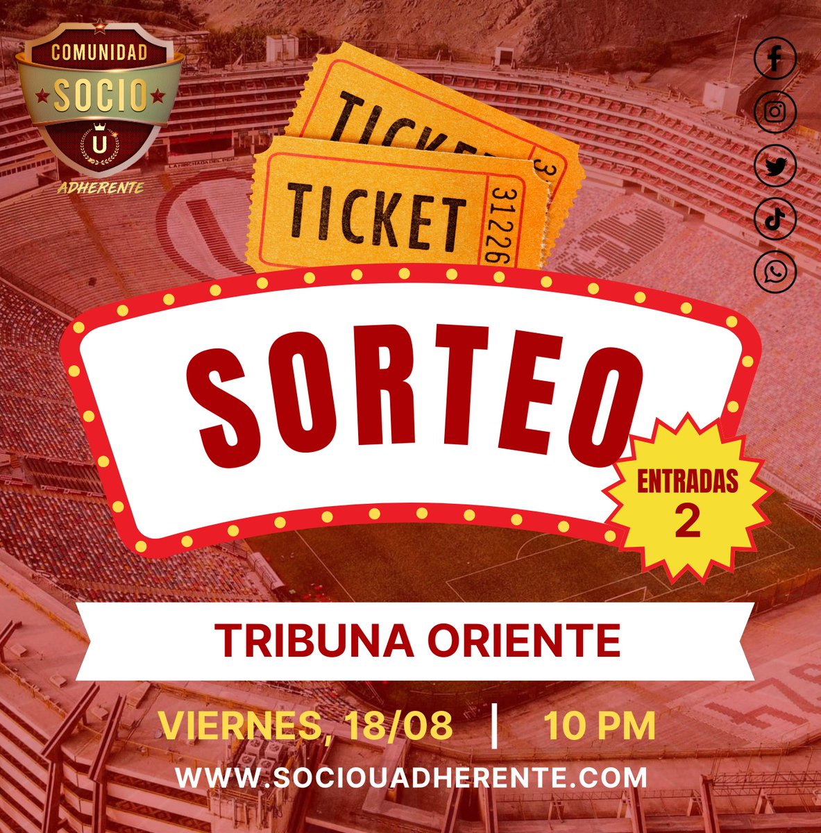 SocioUAdherente's tweet photo. 🚨SORTEO 📢
Los socios adherentes te llevamos al monumental. 
Hoy a las 10 PM sortearemos 2 entradas individuales a Tribuna Oriente. 

Sigue los siguientes pasos:
1.- Dale ❤️ a la publicación
2.- Etiqueta a un amigo
3.- Retweet 

#Sociedadeterna
@tiempocrematv  @Universitario https://t.co/4Wj4iVeyCp