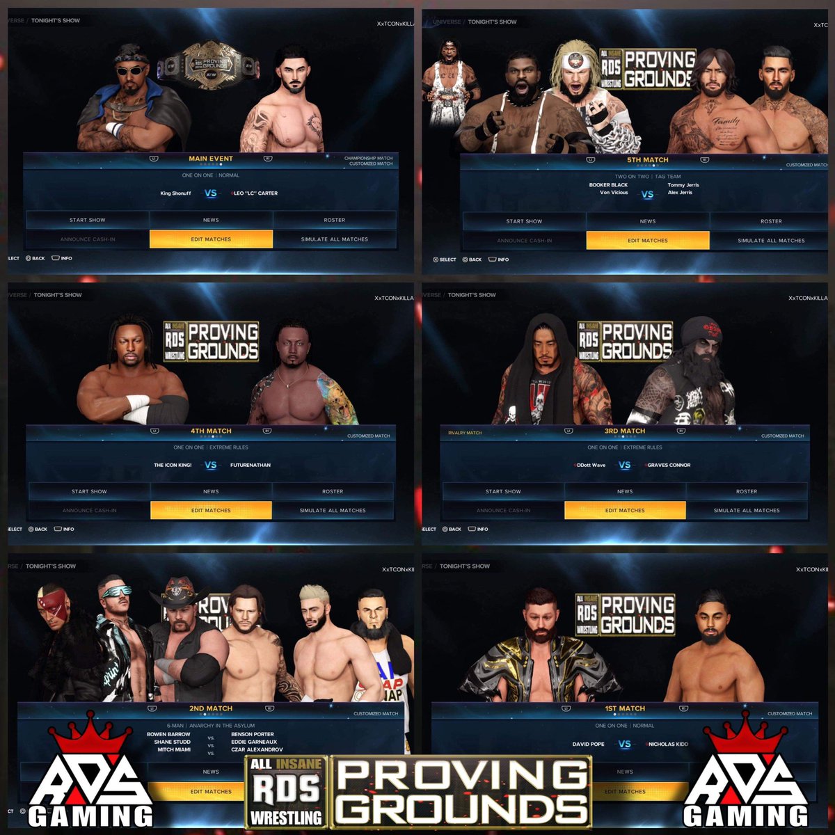 Several new faces join us this week, in which we will crown our first ever Proving Grounds Champion!!!

Good luck to those in the Anarchy in the Asylum Match, where the last competitor standing will earn a chance to test the new champion in the main event next week.