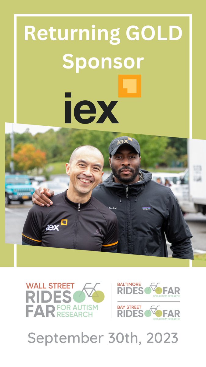 Please join us in welcoming back @IEX for another year with #WallStreetRidesFAR! With our shared passion of moving our industries forward, a long lasting partnership with the @AutismScienceFd was meant to be! See you on September 30th! Registration Link: ridesfar.org