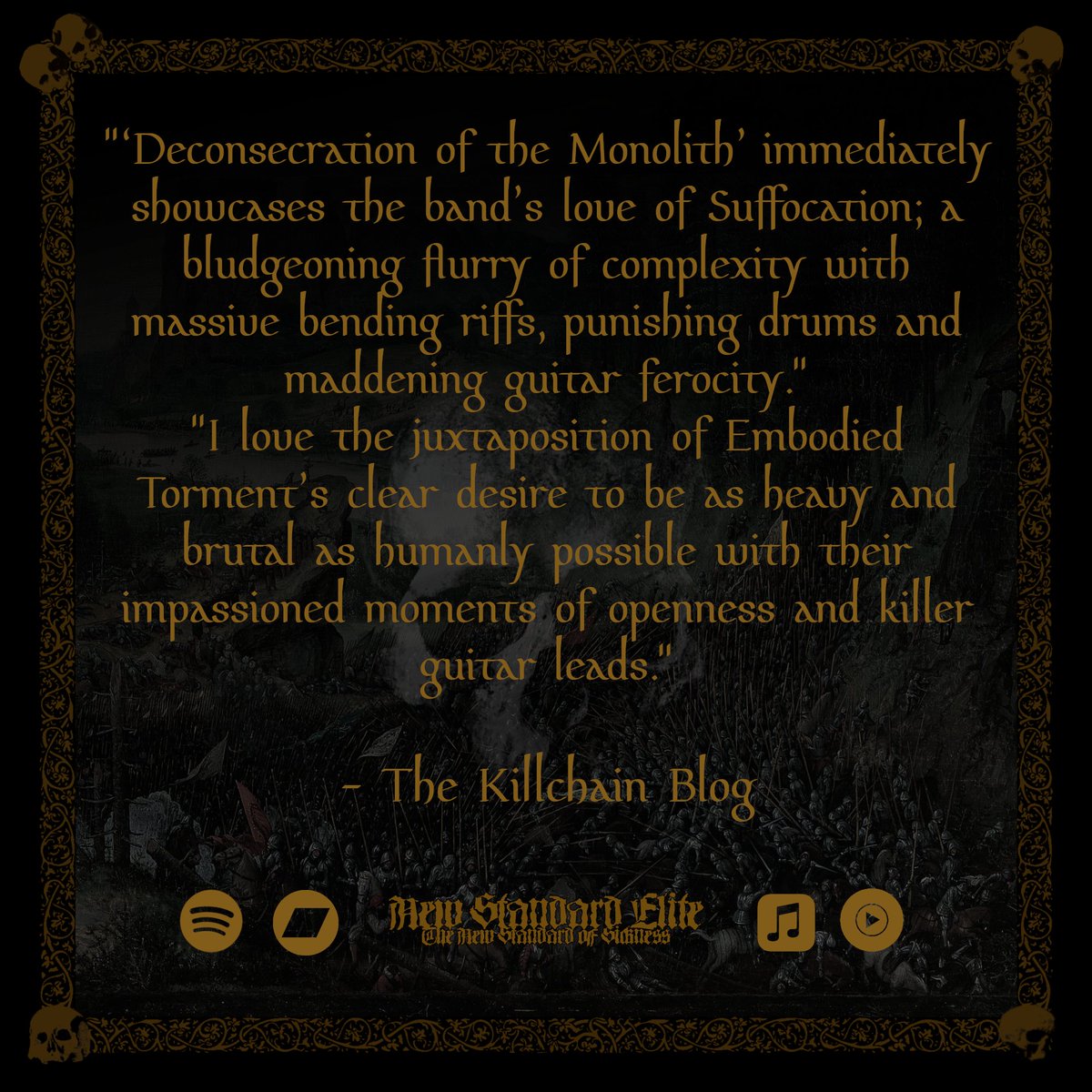 EmbodiedTorment's tweet photo. We've been honored by the latest reviews of Archaic Bloodshed. Listen to the sounds of brutal blasting warfare today on all major platforms.

Bandcamp:
https://t.co/eBVcovHjJL
Spotify:
https://t.co/URak2Tguh3

#deathmetal #brutaldeathmetal #newstandardelite #blastbeats #techdeath https://t.co/8TLMQiTjUz