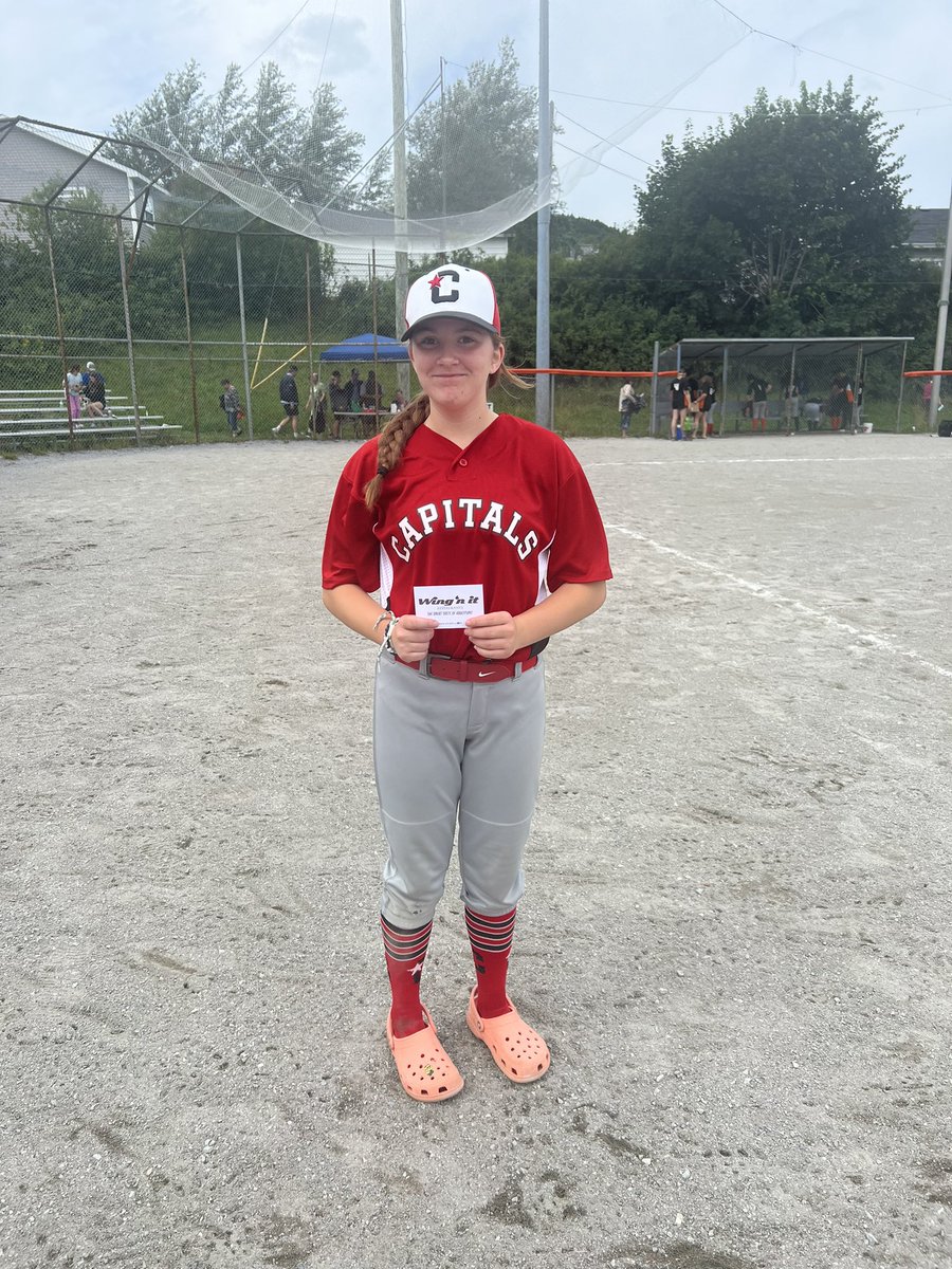 Nail biter between Caps and Bay St. George. Caps come up short 9-8. Great pitching and hitting by Emily Osmond who was the Player of the Game. Next game is tomorrow 9:30am vs Blazers.