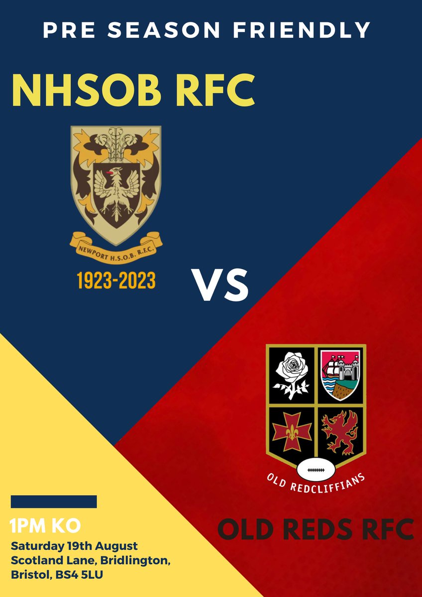 NHSOBRFC1's tweet photo. 𝙋𝙍𝙀 𝙎𝙀𝘼𝙎𝙊𝙉 𝙁𝙍𝙄𝙀𝙉𝘿𝙇𝙔

🆚 @OldRedsRFC 
📅 Saturday 19th August
📍 Scotland Lane, Bristol, BS4 5LU
⏰ 1pm Kick Off https://t.co/lfPKWhwOno