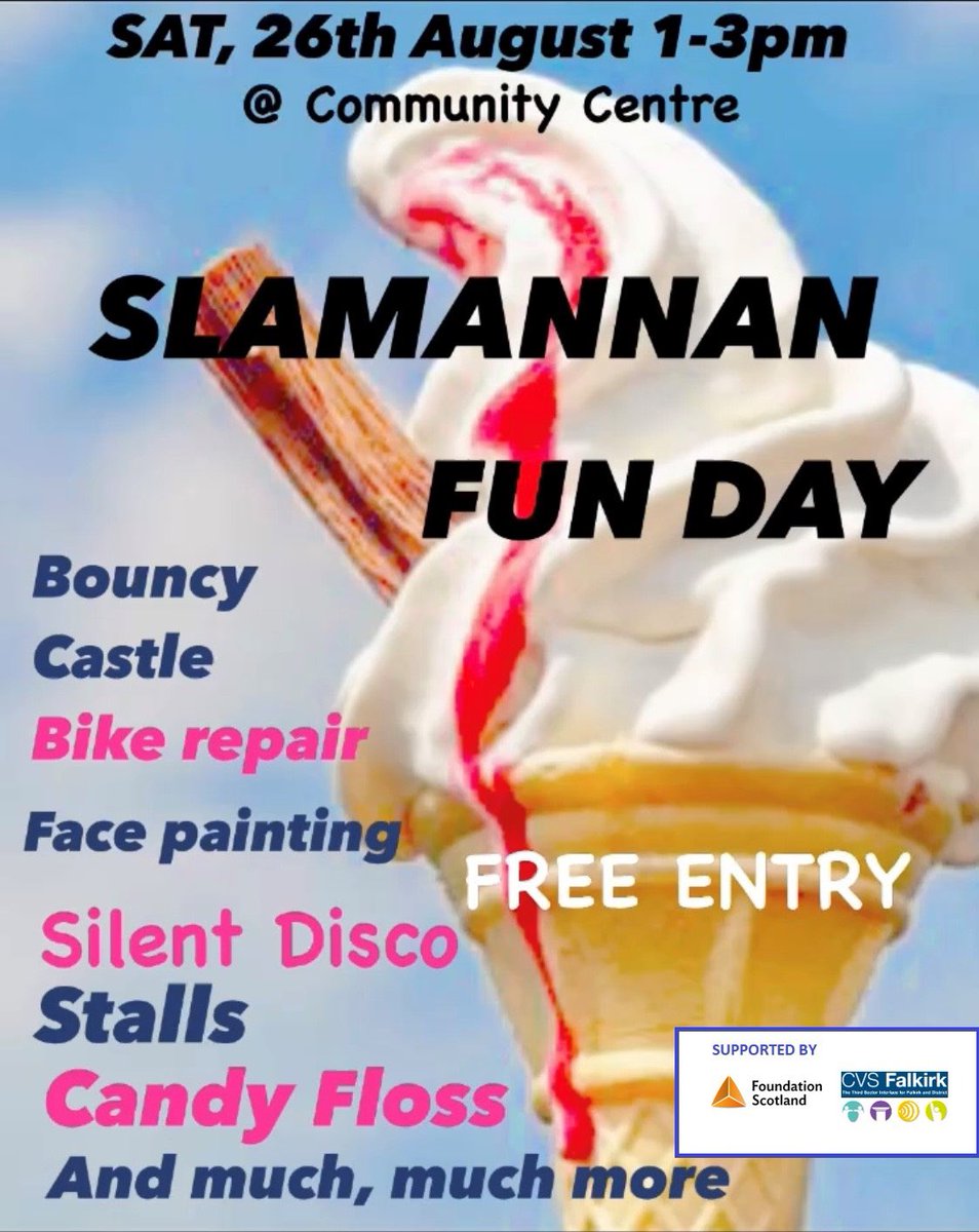 CVSFalkirk's tweet image. 🧵 #Slamannan Community Hub is holding their first Fun Day! 🎉
 
Supported by our team at CVS Falkirk, and @FoundationScot, the FREE fun day will take place on Saturday 26th August 12pm – 3pm, at Slamannan Community Centre.

(1/3)
