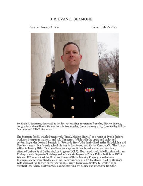 UCLA_Army_ROTC's tweet image. It is with great sadness we report the passing of #BruinBN alum Dr. Evan Seamone.  A service will be held this Monday (August 21) at Los Angeles National Cemetery.

#ucla #armyrotc #leadershipexcellence #leadersmadeheresince1920
