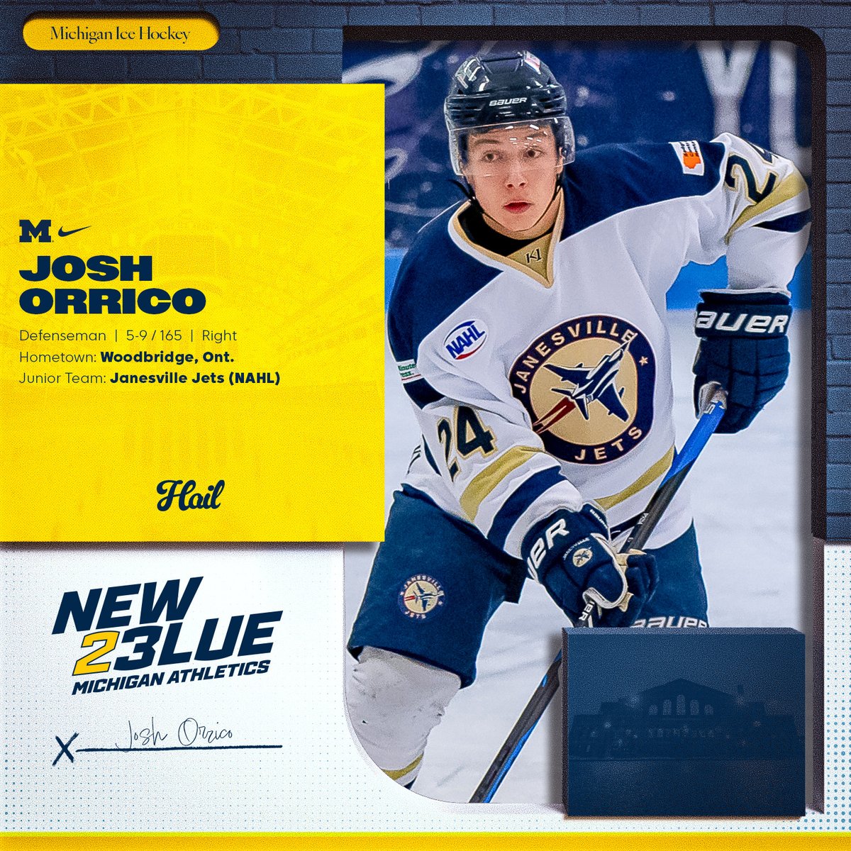 umichhockey's tweet photo. Our final freshman is defenseman Josh Orrico from Woodbridge, Ontario. Josh spent last season with @JanesvilleJets1 and was with Chilliwack and Trail in 21-22.

Stayed tuned next week as we introduce our transfers and grad students.

#NewBlue #GoBlue〽️ https://t.co/PQgf8j7JIT